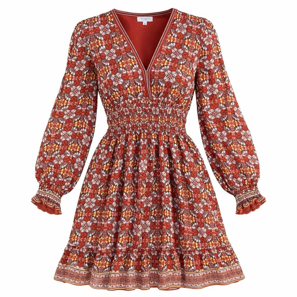 Max Studio London Floral Smocked Waist Mini Dress Red Boho Long Sleeve Women’s M